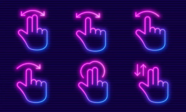 Neon Glow Hand Gesture Set Simple Line Icons Collection Web — Stock Vector