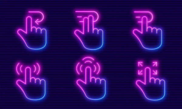 Neon Glühende Handgesten Mit Einfachen Linien Symbolen Sammlung Von Web — Stockvektor