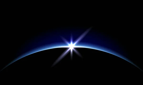 宇宙空間で惑星の上に昇る太陽 現実的なレンズフレアを持つ暗い銀河の背景に明るい白い日の出 星と惑星食の背景 ベクトル図 — ストックベクタ