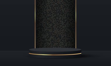 Üç boyutlu soyut stüdyo odası ve kaide podyumu. Dikdörtgen şekilli arka planda altın parıltılı siyah geometrik platform. Kozmetik ürünlerinin tanıtımı, tanıtımı, tanıtımı için lüks sahne