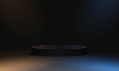 Üç boyutlu soyut stüdyo odası ve kaide podyumu. Dikdörtgen şekilli arka planda altın parıltılı siyah geometrik platform. Kozmetik ürünlerinin tanıtımı, tanıtımı, tanıtımı için lüks sahne