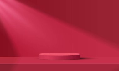 Geometrik formlarla soyut asgari sahne. Mavi arka planda silindir podyum. ürün sunumu, modelleme, kozmetik ürünü, podyum, sahne kaidesi veya platformu göster. 3d vektörü