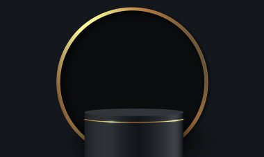 Üç boyutlu soyut stüdyo odası ve kaide podyumu. Dikdörtgen şekilli arka planda altın parıltılı siyah geometrik platform. Kozmetik ürünlerinin tanıtımı, tanıtımı, tanıtımı için lüks sahne