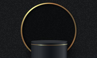 Üç boyutlu soyut stüdyo odası ve kaide podyumu. Dikdörtgen şekilli arka planda altın parıltılı siyah geometrik platform. Kozmetik ürünlerinin tanıtımı, tanıtımı, tanıtımı için lüks sahne