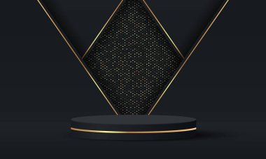 Üç boyutlu soyut stüdyo odası ve kaide podyumu. Dikdörtgen şekilli arka planda altın parıltılı siyah geometrik platform. Kozmetik ürünlerinin tanıtımı, tanıtımı, tanıtımı için lüks sahne