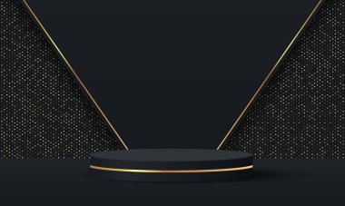 Üç boyutlu soyut stüdyo odası ve kaide podyumu. Dikdörtgen şekilli arka planda altın parıltılı siyah geometrik platform. Kozmetik ürünlerinin tanıtımı, tanıtımı, tanıtımı için lüks sahne