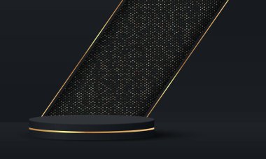 Üç boyutlu soyut stüdyo odası ve kaide podyumu. Dikdörtgen şekilli arka planda altın parıltılı siyah geometrik platform. Kozmetik ürünlerinin tanıtımı, tanıtımı, tanıtımı için lüks sahne