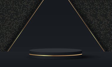 Üç boyutlu soyut stüdyo odası ve kaide podyumu. Dikdörtgen şekilli arka planda altın parıltılı siyah geometrik platform. Kozmetik ürünlerinin tanıtımı, tanıtımı, tanıtımı için lüks sahne