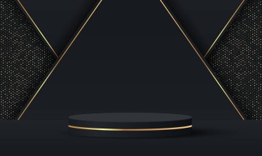 Üç boyutlu soyut stüdyo odası ve kaide podyumu. Dikdörtgen şekilli arka planda altın parıltılı siyah geometrik platform. Kozmetik ürünlerinin tanıtımı, tanıtımı, tanıtımı için lüks sahne