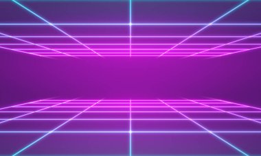 Sentetik dalga teli net çizimi. Soyut dijital arkaplan. 80 'ler, 90' lar Retro dalga siber şebekesi. Üst ve alt yüzeyler. Neon ışıkları parlıyor. Yıldızlı arka plan. 3B Hazırlama