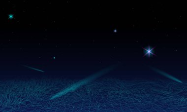 Sentetik dalga teli net çizimi. Soyut dijital arkaplan. 80 'ler, 90' lar Retro dalga siber şebekesi. Üst ve alt yüzeyler. Neon ışıkları parlıyor. Yıldızlı arka plan. 3B Hazırlama