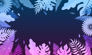 Merhaba Summer konsept tasarımı, yaz panoraması, orman egzotik yapraklı soyut çizim, renkli tasarım, yaz arkaplanı ve afiş. Çerçeve şablonunu bırakır. Tropik yaz dekorasyon çerçevesi.