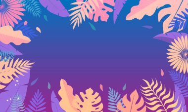 Merhaba Summer konsept tasarımı, yaz panoraması, orman egzotik yapraklı soyut çizim, renkli tasarım, yaz arkaplanı ve afiş. Çerçeve şablonunu bırakır. Tropik yaz dekorasyon çerçevesi.