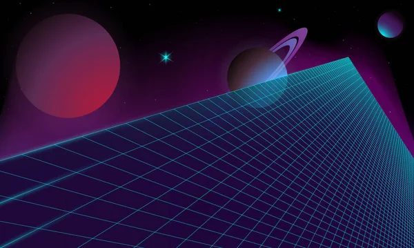 Synthwaveワイヤーフレームネットイラスト 要約デジタル背景 80年代90年代レトロな未来 レトロな波のサイバーグリッド 上面と下面 ネオンが輝く 星空の背景 3Dレンダリング — ストックベクタ