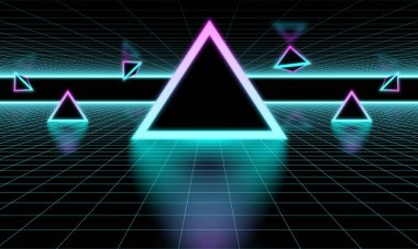 Sentetik dalga teli net çizimi. Soyut dijital arkaplan. 80 'ler, 90' lar Retro fütürizm, parlayan üçgenli Retro dalga siber ızgarası. Derin uzay yüzeyleri. Neon ışıkları parlıyor. Yıldızlı arka plan. Vektör 3B Hazırlama