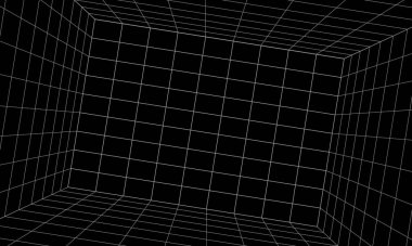 Beyaz ızgara uzay çizgisi renk yüzeyi olan boş fütürist dijital kutu odası gri-siyah arkaplan. Ağ siber teknolojisi. Pankart, kapak, arazi, bilim kurgu, kablo çerçevesi ve arka planla ilgili. Sentetik kablo çizimi.