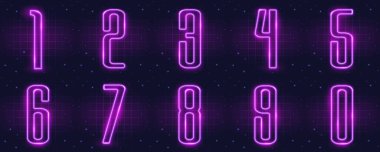 Parlayan neon tüp yazı tipi. Retro metin efekti. 0 'dan 9' a kadar olan sayılar. Parlak neon ışığı. Sentetik dalga teli net çizimi. Soyut basamaklı yazı tipi. 80 'ler, 90' lar Retro dalga siber şebekesi. Derin uzay yüzeyleri. Neon ışıkları parlıyor. Yıldızlı zemin