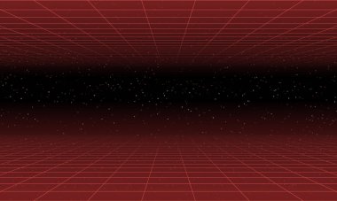 Sentetik dalga teli net çizimi. Soyut dijital arkaplan. 80 'ler, 90' lar Retro dalga siber şebekesi. Derin uzay yüzeyleri. Neon ışıkları parlıyor. Yıldızlı arka plan. Vektör 3B Hazırlama