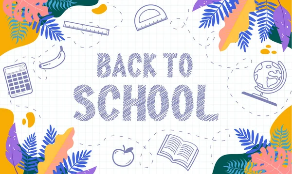 Okul geçmişi. 3D uçan sarı, kırmızı ve mavi kağıt uçaklar. Vektör çocuk uçakları havada. Okulun arka planına simgelerle birlikte elle yazılmış. Okul için kareli defter pankartı