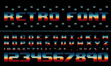 Retro font Dekoratif Tasarım Harfleri ve Sayılar Vektör Abc, Vintage Pixel Striped font, Posterler, Banner Numaralar, 1970 'lerden, 70' lerden, 80 'lerden Retro Colors. 70 'lerin modası geçmiş modası