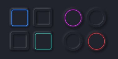 Vektör düzenlenebilir neomorfik düğmeler ayarlandı. Web siteleri, mobil menüler, navigasyon ve uygulamalar için kaydırıcılar. Basit zarif Neomorfizm modu 2020 tasarım elemanı UI bileşenleri siyah arkaplanda izole edildi