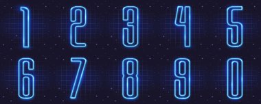 Parlayan neon tüp yazı tipi. Retro metin efekti. 0 'dan 9' a kadar olan sayılar. Parlak neon ışığı. Sentetik dalga teli net çizimi. Soyut basamaklı yazı tipi. 80 'ler, 90' lar Retro dalga siber şebekesi. Derin uzay yüzeyleri. Neon ışıkları parlıyor. Yıldızlı zemin