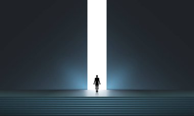 Parlayan portalın önünde insan silueti, fütüristik vektör arkaplanı, gradyan ışıklandırmalı soyut siber punk mimarisi. Yeni Olasılıklar, Umut İş Bulma Çözüm Bulma Vektörü Karanlıkta Duran İşadamı, Sonunda Işığın Sembolü