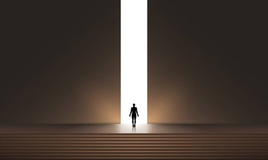 Parlayan portalın önünde insan silueti, fütüristik vektör arkaplanı, gradyan ışıklandırmalı soyut siber punk mimarisi. Yeni Olasılıklar, Umut İş Bulma Çözüm Bulma Vektörü Karanlıkta Duran İşadamı, Sonunda Işığın Sembolü