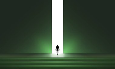 Parlayan portalın önünde insan silueti, fütüristik vektör arkaplanı, gradyan ışıklandırmalı soyut siber punk mimarisi. Yeni Olasılıklar, Umut İş Bulma Çözüm Bulma Vektörü Karanlıkta Duran İşadamı, Sonunda Işığın Sembolü