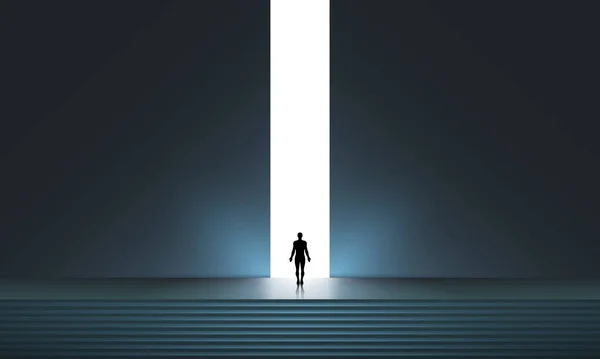 Menschensilhouette Vor Glühendem Portal Futuristischer Vektorhintergrund Abstrakte Cyberpunk Architektur Mit — Stockvektor