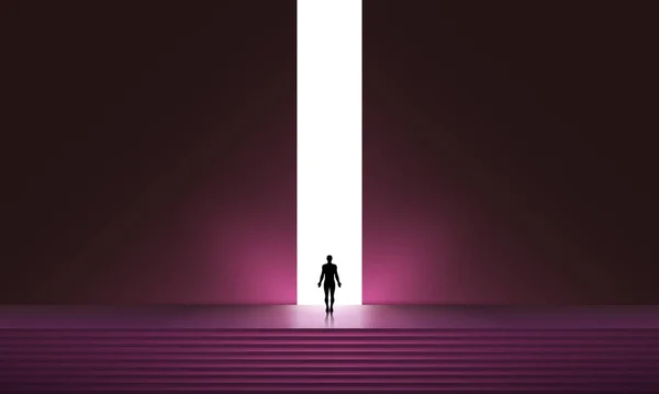 Menschensilhouette Vor Glühendem Portal Futuristischer Vektorhintergrund Abstrakte Cyberpunk Architektur Mit — Stockvektor