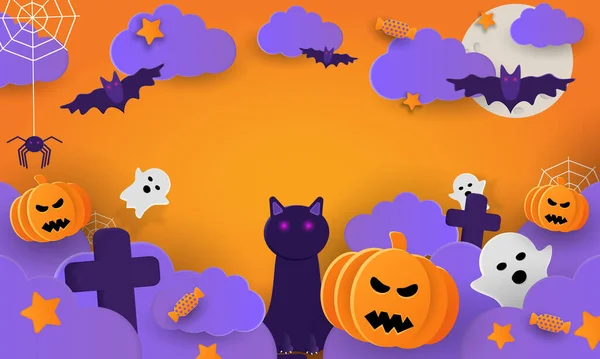 Χαρούμενα Halloween Κόμμα Αφίσες Που Σύννεφα Νύχτα Και Κολοκύθες Στυλ — Διανυσματικό Αρχείο