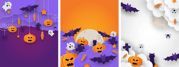 Boldog Halloween Party Plakátok Meg Éjszakai Felhők Tök Papírvágású Stílusban — Stock Vector