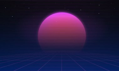 Geçmişe dönük fütüristik manzara 1980 'ler tarzı. Dijital retro siber yüzey. 80 'lerin parti geçmişi. Retro 80 'lerin moda bilim kurgu arka planı yaz manzarası. Retro siber punk tarzı 80 'lerin bilim-kurgusu. Üç boyutlu illüstrasyon. Şebeke manzarası, retrofuturism tarzı