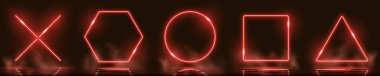 Neon dairesi, kare, üçgen ve haç, siyah arkaplanda parlak ışık, neon etkisi, ıslak zeminde yansıması olan neon figürler, aydınlatma efekti, geçmişe dönük fütürizm, siber punk.