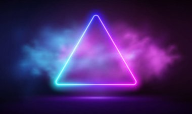 Parlayan neon pembe üçgen, parlak sis soyut arka plan. Elektrikli ışık çerçevesi. Geometrik moda tasarım vektör çizimi. Boş asgari sanat dekorasyonu. 80 'lerin neon üçgen çerçevesi, üçgen şekli, boş alan, morötesi ışık