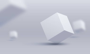 Beyaz ve lavanta küpleri. Boks yap. Vektör çizimi. 3D küplerin vektör çizimi, uçan küpler, üç boyutlu figürlerden soyutlama, küplü uzay, 3D nesneler