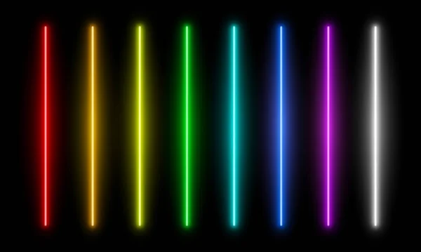 影とネオンライトブラシ 完全に調整可能な様々な色ネオンデザイン要素 暗い背景に設定されたカラフルな光管 ネオンスティックセット オレンジ ピンク 赤の線が輝くベクトルイラスト — ストックベクタ