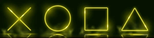 Neon Dairesi Kare Üçgen Haç Siyah Arkaplanda Parlak Işık Neon — Stok Vektör