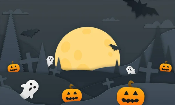 Happy Halloween Banner Νυχτερινά Σύννεφα Και Κολοκύθες Γεμάτες Αποκριάτικες Διακοσμήσεις — Διανυσματικό Αρχείο