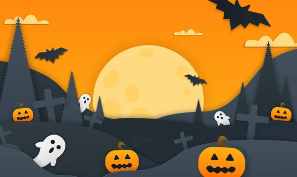 Happy Halloween Banner Νυχτερινά Σύννεφα Και Κολοκύθες Γεμάτες Αποκριάτικες Διακοσμήσεις — Διανυσματικό Αρχείο