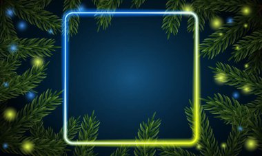 Noel ağacı dalları. Çam ağacının yeşil dalının şenlikli Xmas sınırı. Çam dalları, ladin dalları. Parlak neon çerçeve, metin için boşluk. Gerçekçi tasarım dekorasyon unsuru. Vektör illüstrasyonu