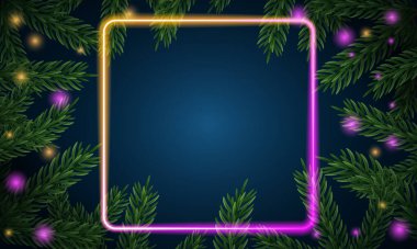 Noel ağacı dalları. Çam ağacının yeşil dalının şenlikli Xmas sınırı. Çam dalları, ladin dalları. Parlak neon çerçeve, metin için boşluk. Gerçekçi tasarım dekorasyon unsuru. Vektör illüstrasyonu