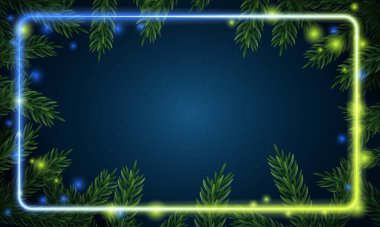 Noel ağacı dalları. Çam ağacının yeşil dalının şenlikli Xmas sınırı. Çam dalları, ladin dalları. Parlak neon çerçeve, metin için boşluk. Gerçekçi tasarım dekorasyon unsuru. Vektör illüstrasyonu