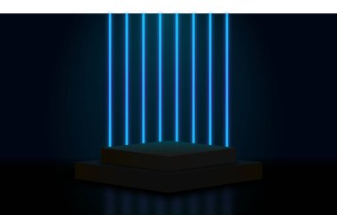 Soyut gerçekçi mavi 3d kare kare kaide podyumu. Dikey parlayan neon ışıklı çizgileri olan bilim kurgu karanlık soyut oda. Vektör biçimlendirme ürün görüntüsü. Gelecek sahnesi, vitrin sahnesi. Dikey neon ışığı olan siyah podyum
