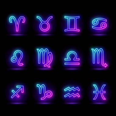 3D çizim, mavi neon ikonlar seti, boş uzay, ultraviyole ışık, 80 'lerin modası, moda gösterisi sahnesi, soyut arka plan, çerçeve tasarımı. Soyut kozmik canlı burç simgeleri arkaplanı. Parlak neon ışıklandırma fütüristik stili