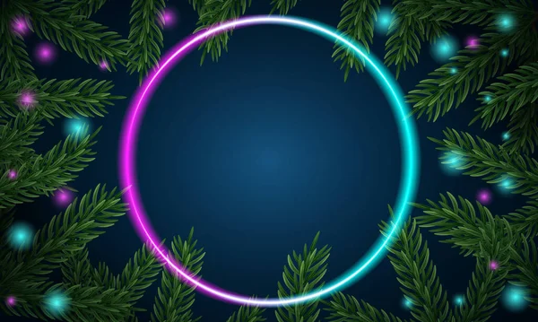 クリスマスツリーの枝 松の緑の枝のお祭りのクリスマスの国境 松の枝 トウヒの枝 ネオンフレーム テキストのためのスペースを光る 現実的なデザインの装飾要素 ベクターイラスト — ストックベクタ