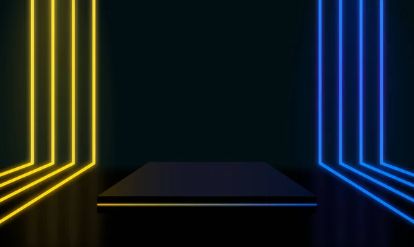 Resumen Realista Azul Cuadrado Pedestal Podio Sala Abstracta Oscura Ciencia — Vector de stock