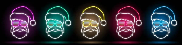 Set Neonfarbener Cristmas Ikonen Isoliert Auf Dunklem Hintergrund Geschenkbox Weihnachtsbaum — Stockvektor