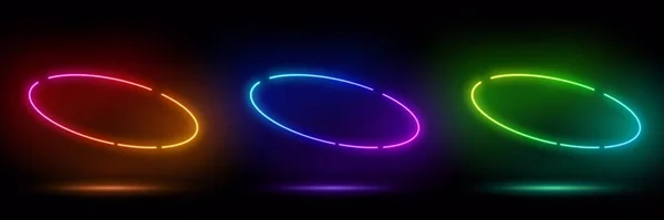 3Dレンダリング ブルーネオンラウンドフレーム サークル リング形状 空のスペース 紫外線光 80年代のレトロスタイル ファッションショーステージ 抽象的な背景 照明フレームデザイン — ストックベクタ